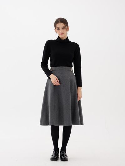 sisterhood Wool Buckle Flare Midi Skirt [Gray]