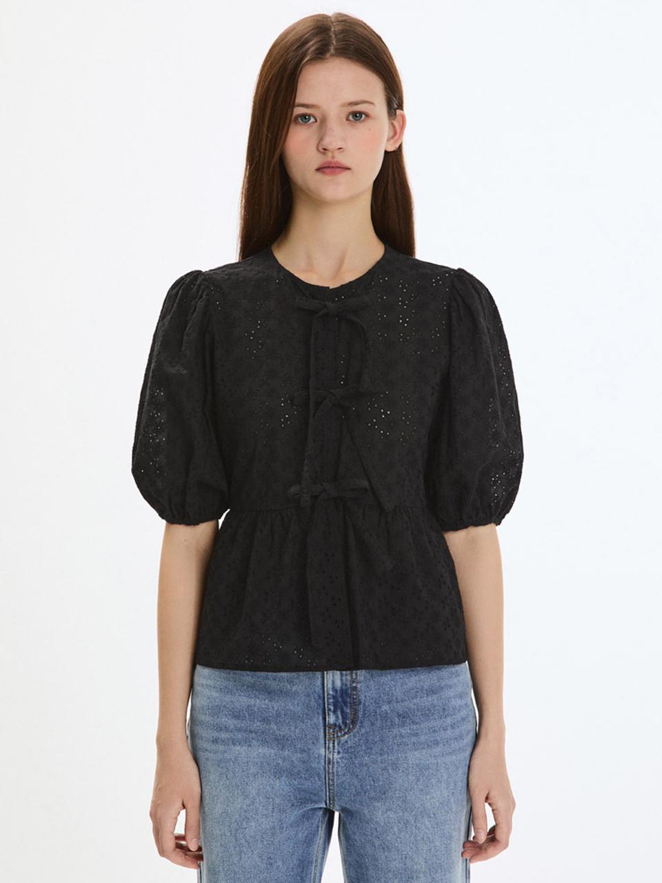 SISTINA Ribbon Punched Lace Blouse (AWWBLP21070) [Black]