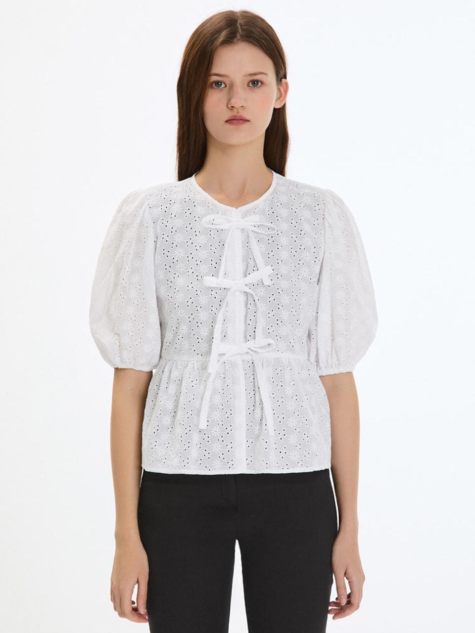 SISTINA Ribbon Punched Lace Blouse (AWWBLP21070) [OW]