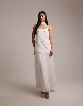 Six Stories Six Stories Bridal faux-pearl embellished pleated dropped waist scarf detail maxi dress in white