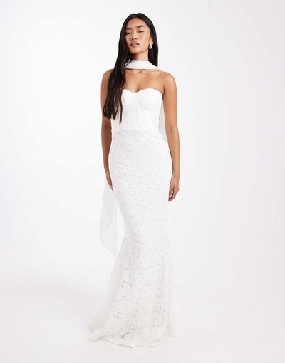 Six Stories Six Stories Bridal lace bandeau scarf neck maxi dress in white