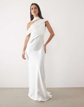 Six Stories Six Stories Bridal satin scarf detail one shoulder maxi dress in white