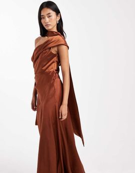 Six Stories Six Stories Bridesmaid bow one shoulder satin maxi dress in rust-Red