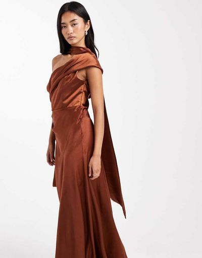 Six Stories Six Stories Bridesmaid bow one shoulder satin maxi dress in rust-Red