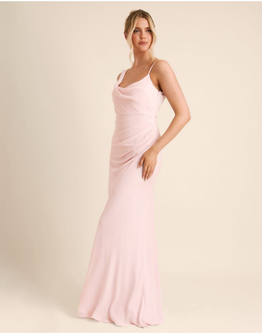 pink asymmetric cowl neck maxi dress Six Stories Color:Classic green Blouson bodice Stretch satin Sleeveless A-line and Open