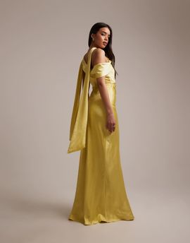 Six Stories Six Stories Bridesmaid satin drape one shoulder maxi dress in yellow-Green