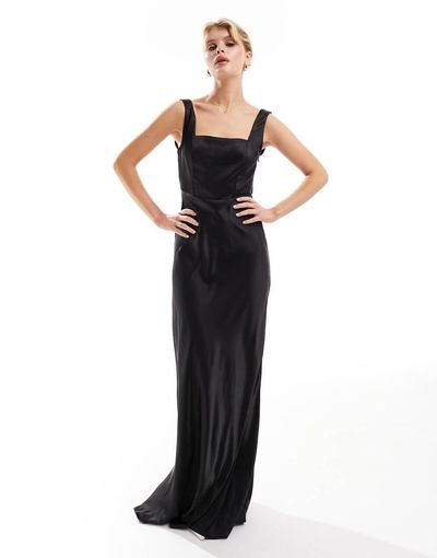 Six Stories Six Stories Bridesmaid square neck satin maxi dress in black