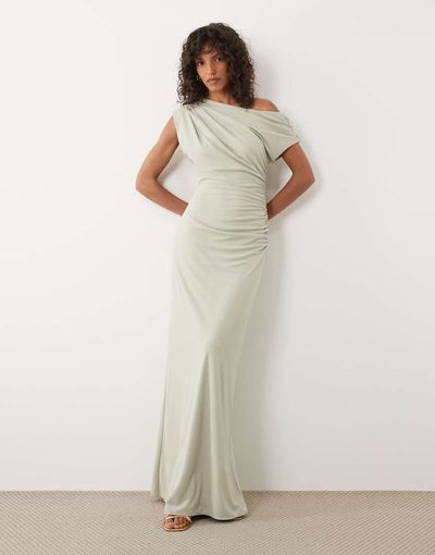 Six Stories Six Stories Bridesmaid stretch off-shoulder draped maxi dress in sage-Green