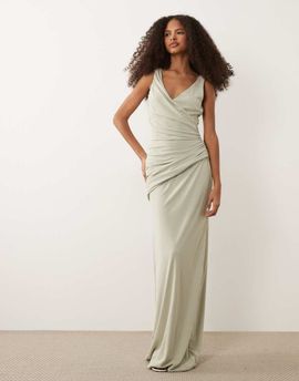 Six Stories Six Stories Bridesmaid stretch v neck ruched panel maxi dress in sage-Green