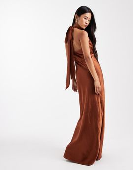 Six Stories Six Stories Bridesmaid twist front satin maxi dress in rust-Red