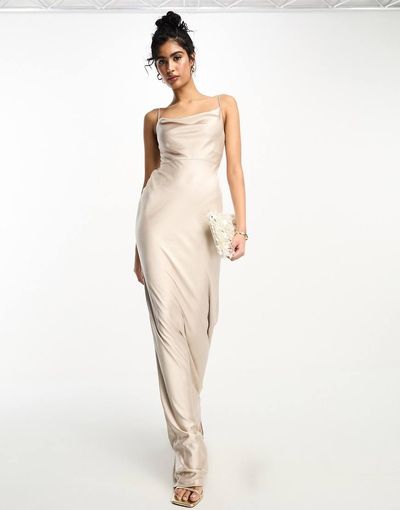 Six Stories Six Stories Bridesmaids cowl front satin slip dress in oyster-White