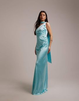 Six Stories Six Stories Bridesmaids one shoulder scarf detail gathered maxi dress in turquoise-Blue