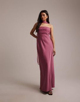 Six Stories Six Stories Bridesmaids satin bandeau pleated bust detail scarf detail maxi dress in dark pink-Purple