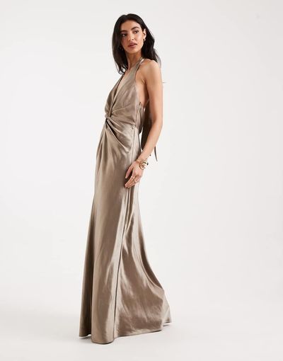 Six Stories Six Stories Bridesmaids satin plunge knot detail open back maxi dress in mocha-Neutral