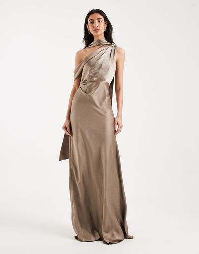 Six Stories Six Stories Bridesmaids satin scarf detailing one shoulder maxi dress in mocha-Neutral