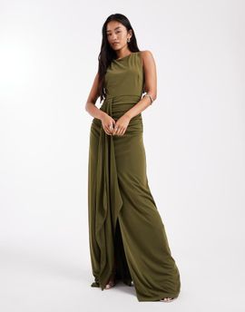 Six Stories Six Stories Bridesmaids stretch high neck sleeveless maxi dress with ruched front in green