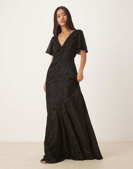 Six Stories Six Stories flutter sleeve v-neck asymmetric dropped hem maxi dress in black burnout