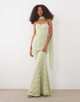 Six Stories Six Stories lace corset maxi dress with scarf neck in sage green