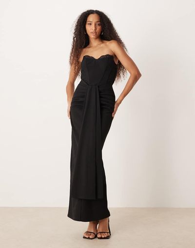 Six Stories Six Stories lace trim structured corset draped detailing maxi dress in black
