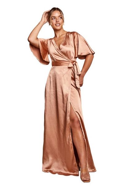 Six Stories Six Stories Wrap Tie Satin Bridesmaid Dress
