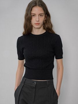 Siyazu Cotton Crop Cable Knit Sweater [Black] (SIKN2029)