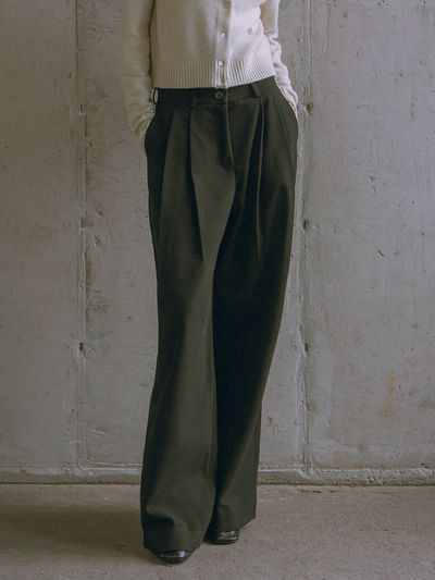 Siyazu Double Weave Two Tuck Wide Slacks - Black