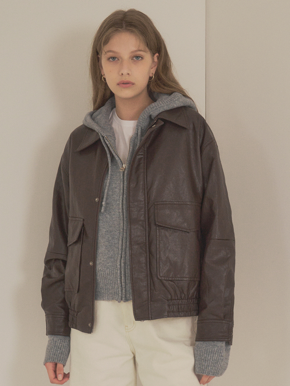 Siyazu Fake Leather Bomber Jacket - Brown