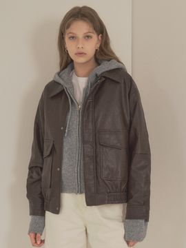 Siyazu Fake Leather Bomber Jacket - Brown