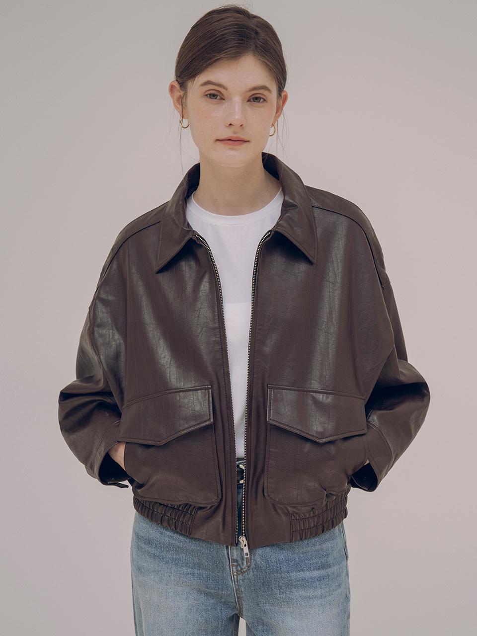 Siyazu Faux Leather Relaxed Bomber Jacket (SIOT4045)