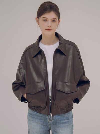 Siyazu Faux Leather Relaxed Bomber Jacket (SIOT4045)
