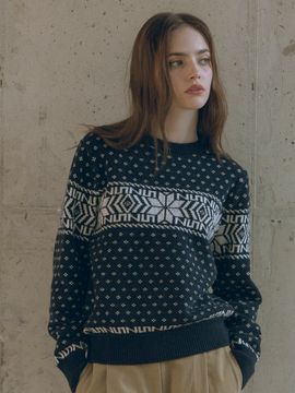 Siyazu Merino Wool Retro Jacquard Knit - Navy