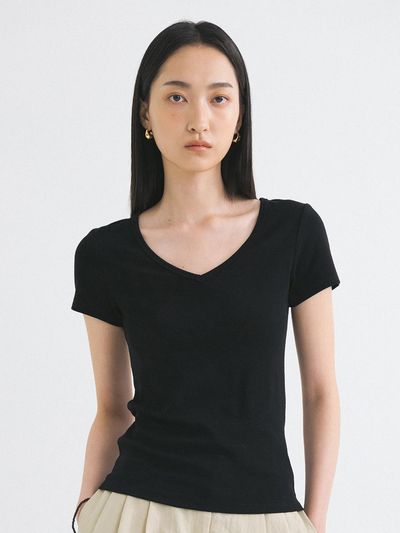 Siyazu Retro V-neck Slim Short-Sleeve T-shirt (SITP5202) [Black]