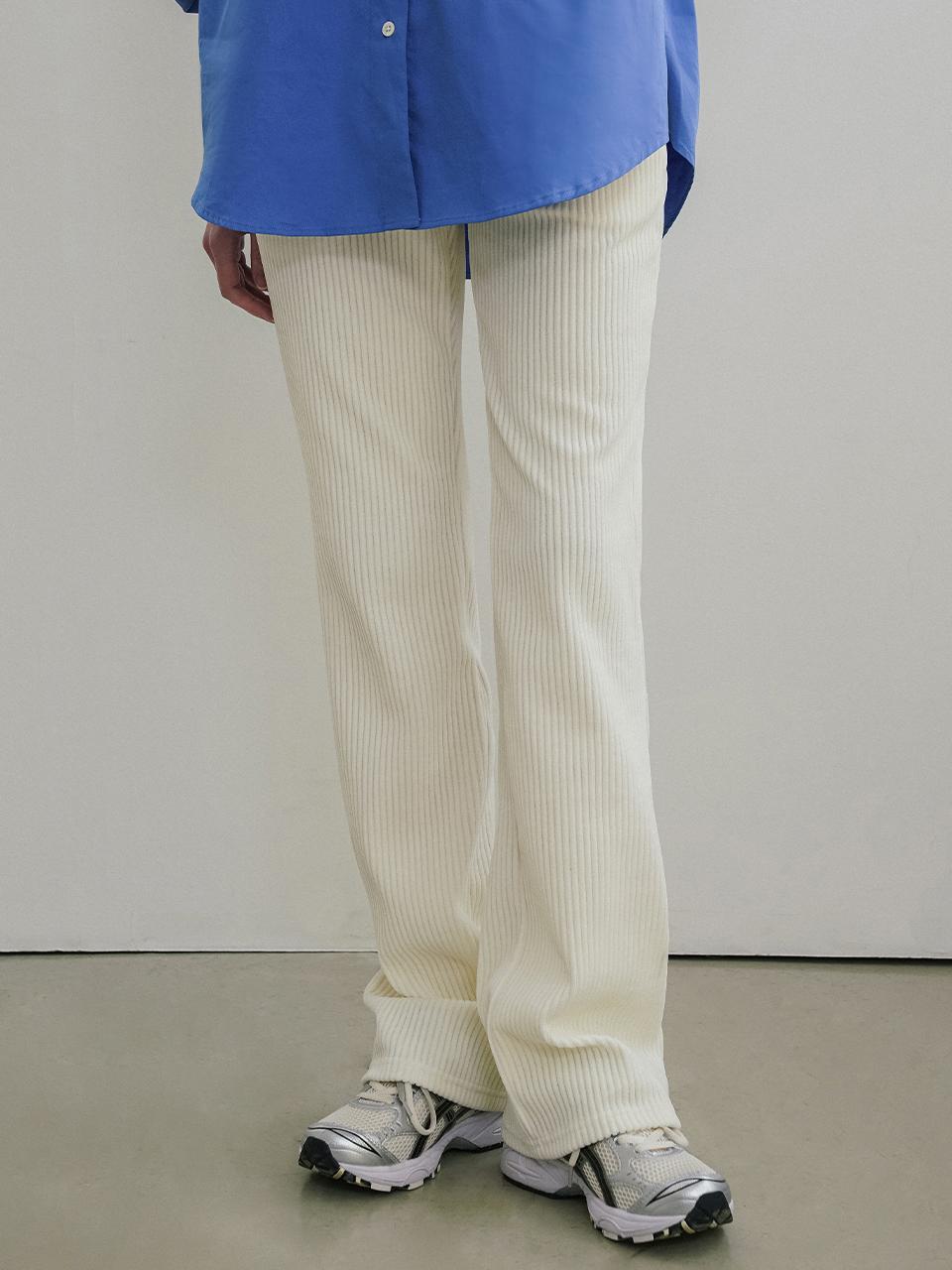 Siyazu Ribbed Boot-Cut Elastic Banding Pants [Cream] (SIPT7094)
