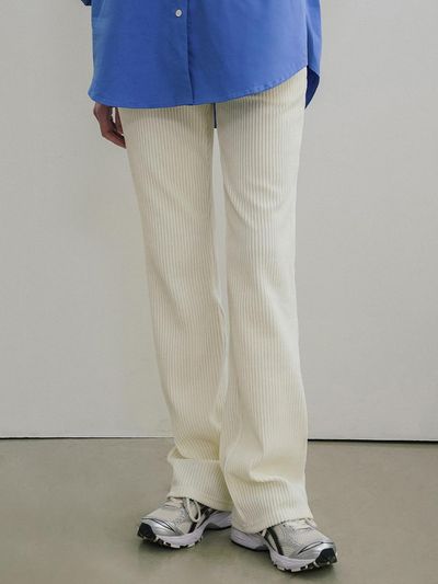 Siyazu Ribbed Boot-Cut Elastic Banding Pants [Cream] (SIPT7094)