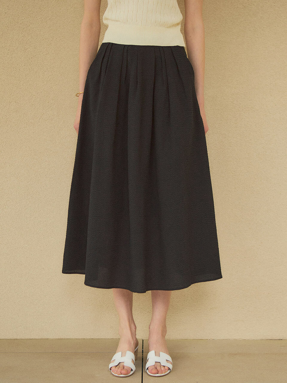 Siyazu Seersucker Flared Skirt _Black