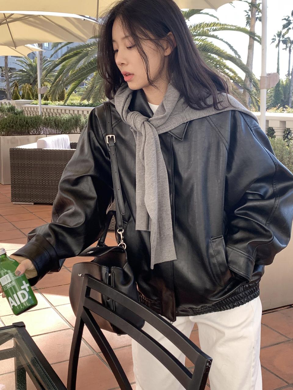 Siyazu Urban Relaxed Fit Faux Leather Jacket [Black] (SIOT4141)