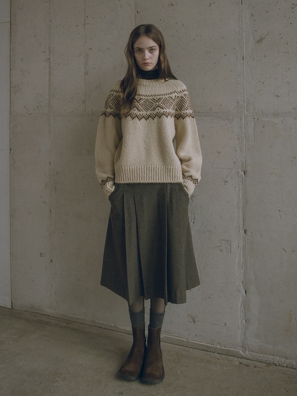 Siyazu Wool Check Pleated Skirt - Brown