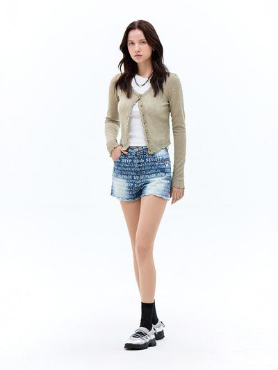 SJYP Frayed Hem Print Denim Shorts (PW2F3NPCT21WBL)