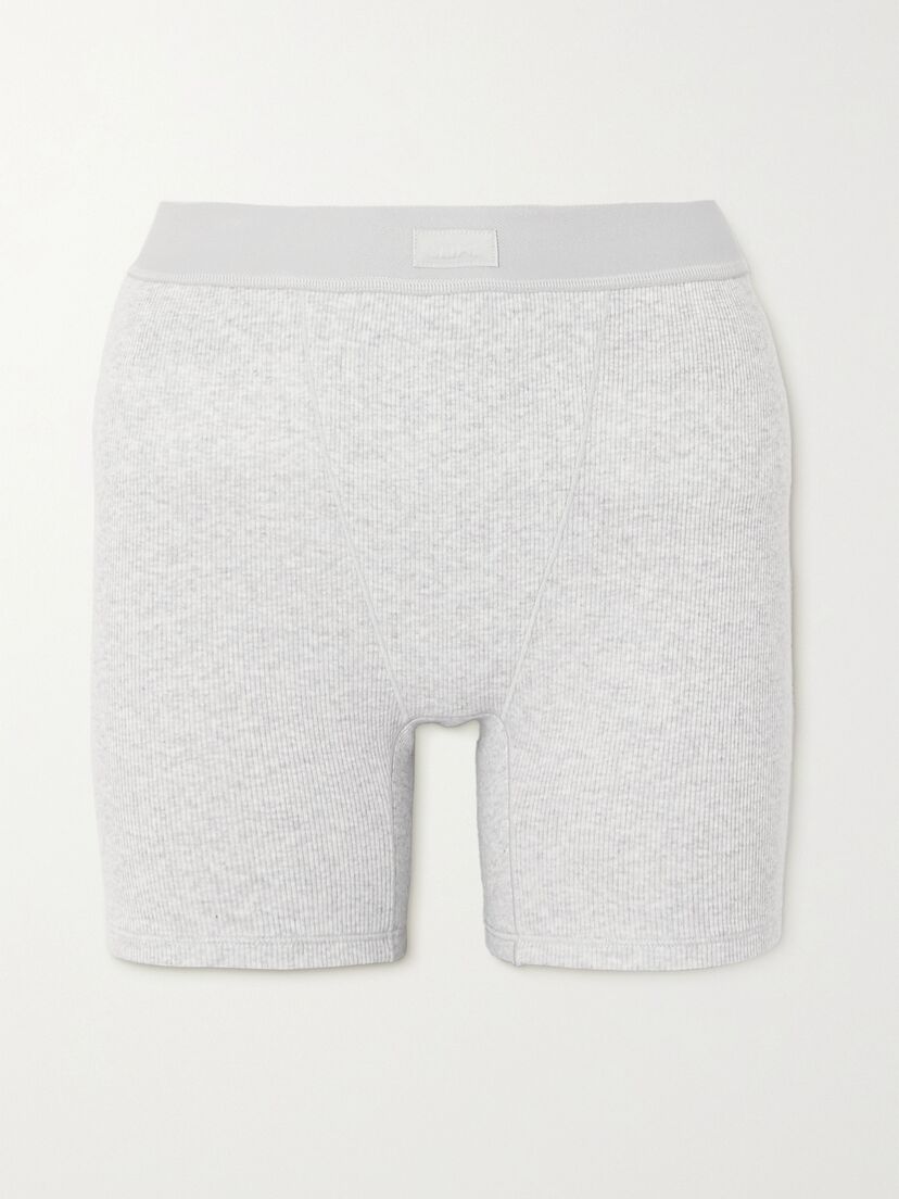 SKIMS Cotton Collection ribbed cotton-blend jersey boxer shorts - Light Heather Grey