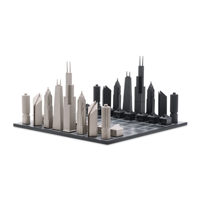 SKYLINE CHESS SKYLINE CHESS Chess Set Stainless Steel Chicago Edition with Wood Map Board