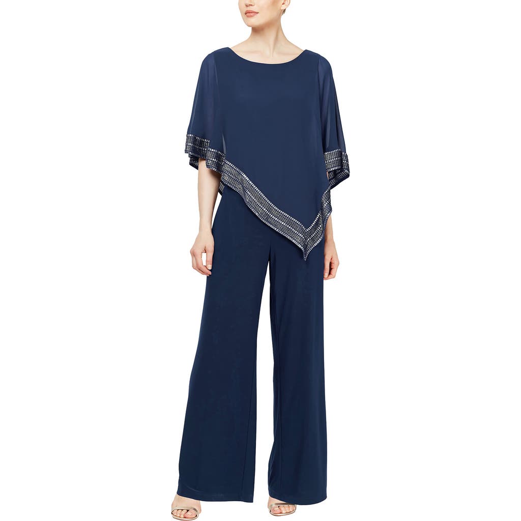 SL FASHIONS SL FASHIONS Asymmetrical Foil Trim Cape Jumpsuit