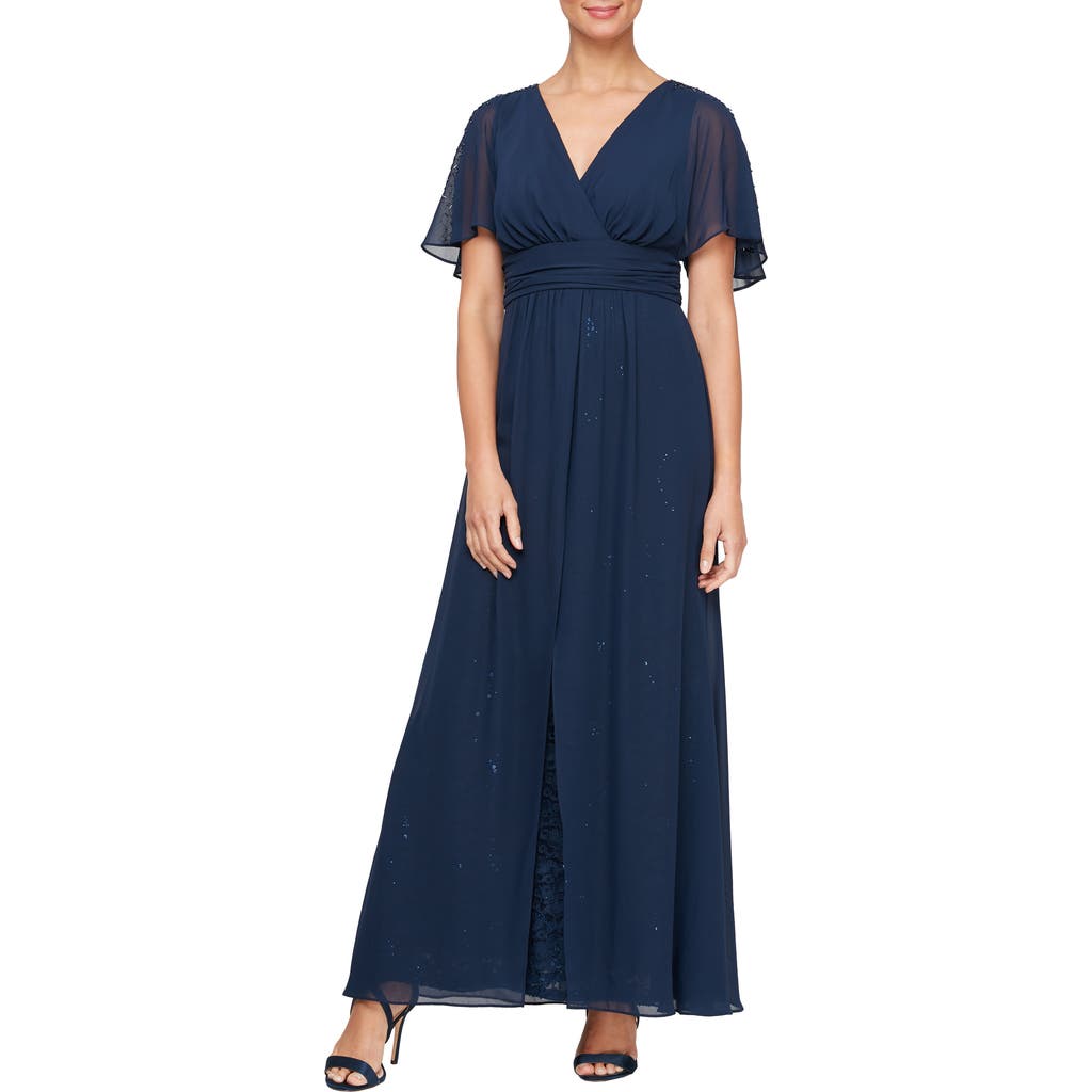 SL FASHIONS SL FASHIONS Beaded Flutter Sleeve Layered A-Line Gown