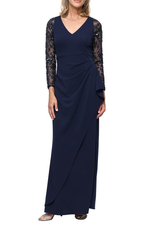 SL FASHIONS SL FASHIONS Beaded Long Sleeve Crepe Gown