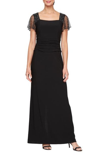 SL FASHIONS SL FASHIONS Beaded Sleeve Ruched Waist Gown