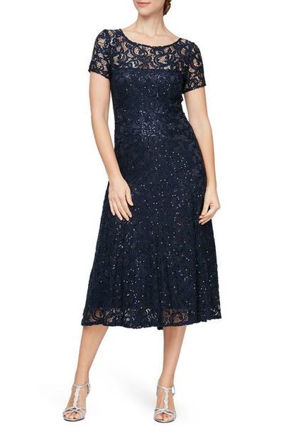 SL FASHIONS SL FASHIONS Cap Sleeve Metallic Lace Dress