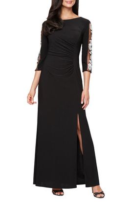 SL FASHIONS SL FASHIONS Embroidered Illusion Sleeve Jersey Gown
