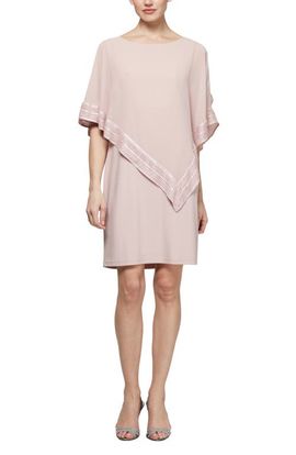 SL FASHIONS SL FASHIONS Foil Trim Asymmetrical Popover Capelet Sheath Dress