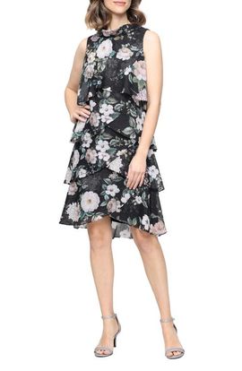 SL FASHIONS SL FASHIONS Print Metallic Sleeveless Tiered Chiffon Dress