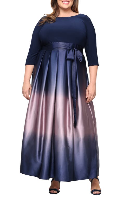 SL FASHIONS SL FASHIONS Three-Quarter Sleeve Jersey Bodice Ombré Satin A-Line Gown