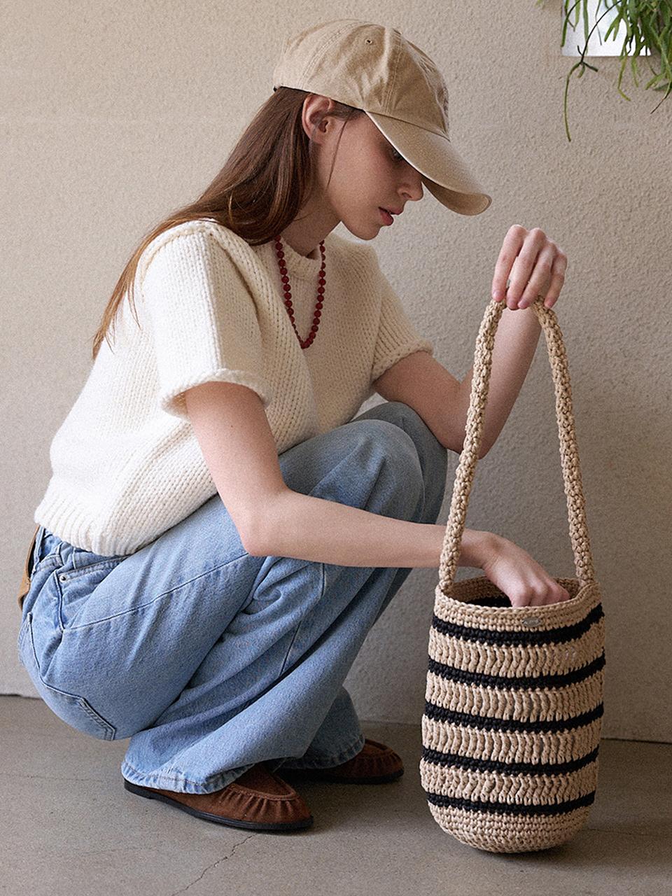 Slowslowly Moroccan Handmade Crochet Stripe Bucket Bag [Beige]